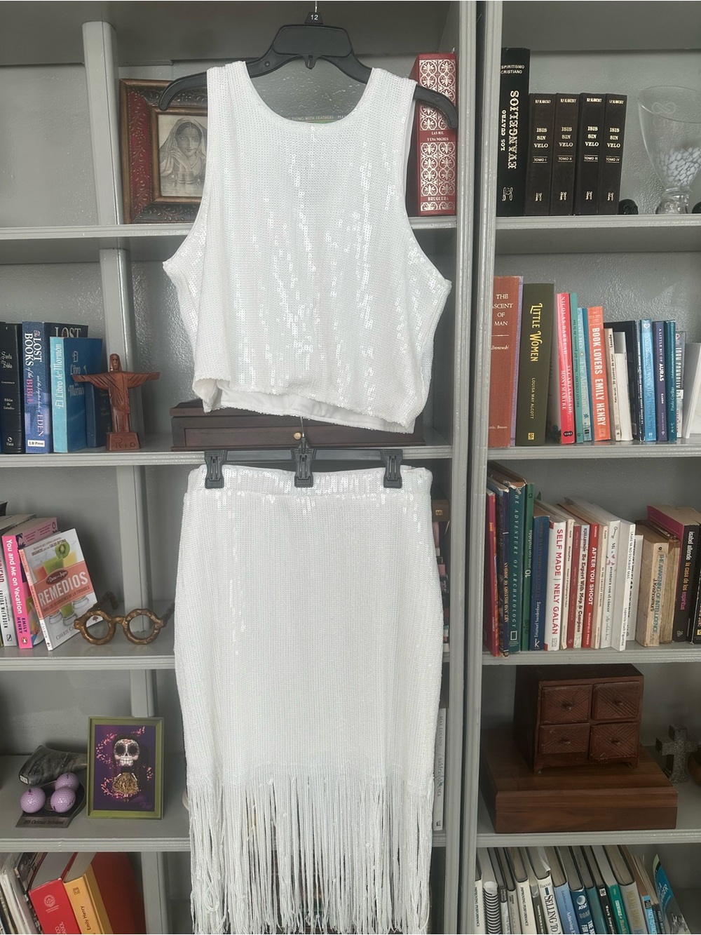 Rachel Zoe White Sequin Fringe Midi Dress Set